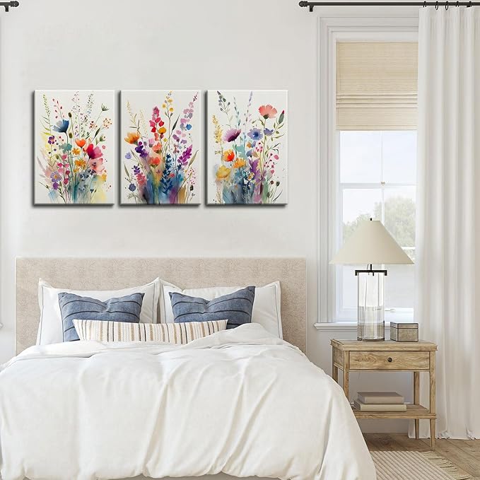 KISSFOX 3 Piece Canvas Wall Art Wildflowers Wall Decor Floral Pictures - Image 3