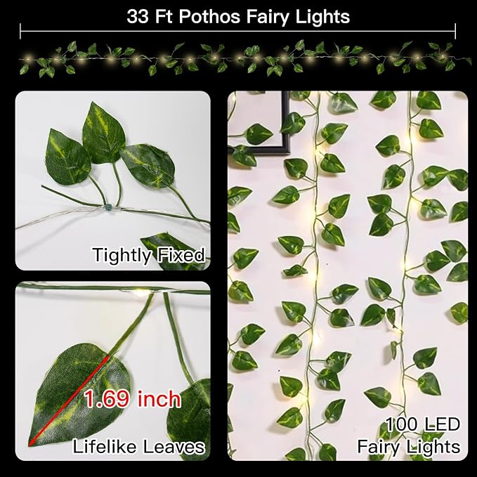 suddus Vine with Fairy Lights Battery Operated, 33ft100 LED Pothos String - Image 5