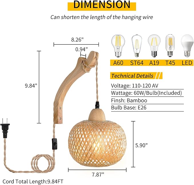 Frideko Bamboo Wall Sconces Set of Two Plug in, Boho Wall Lamp - Image 4