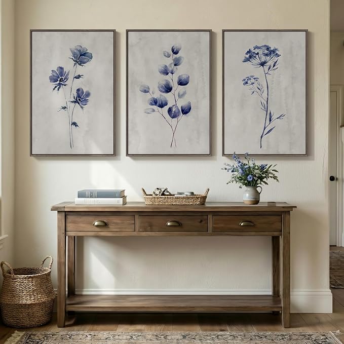 Framed Boho Floral Wall Art for Living Room, 3 Piece Blue Minimalist Botanical - Image 8