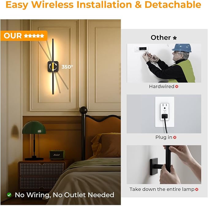 GvvooHome Battery Operated Wall Sconces Set of 2, Detachable 360°Rotate Wall - Image 3