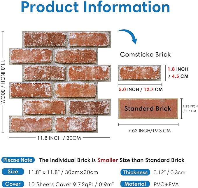 COMSTICKC 3D Faux Brick Wall Panels Peel and Stick, Small Brick Size, Thin PVC - Image 5
