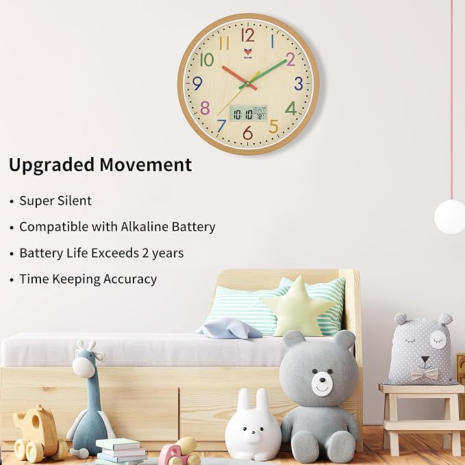 Foxtop Digital and Analog Kids Wall Clock 12 Inch Silent Non-Ticking Battery - Image 3