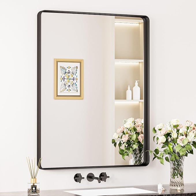 Keonjinn Black Bathroom Mirror for Over Sink, 28 x 36 Inch Rounded Rectangle by Keonjinn