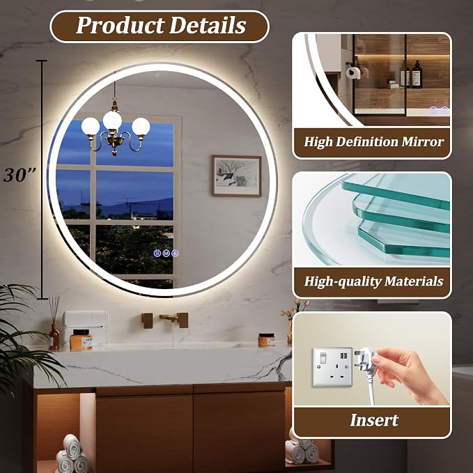 BEAUTYPEAK 30x30 LED Round Bathroom Mirror - Image 6