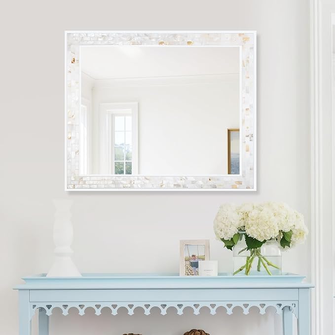 Tanmicoshomy 30 x 36 Inch White Bathroom Mirror, Natural Shell Framed Rectangle - Image 5