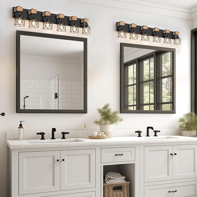 FadimiKoo 6-Light Farmhouse Bathroom Lighting Fixtures, Wood Black Vanity - Image 5