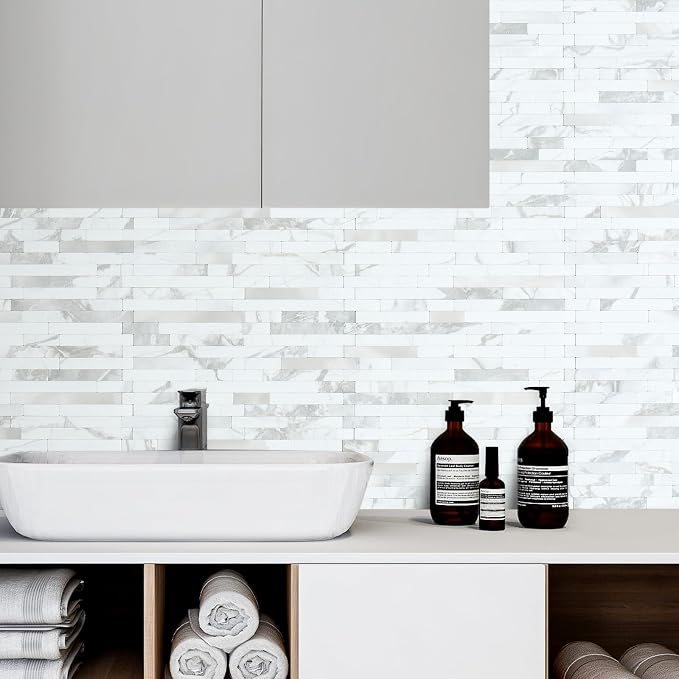 AULIGET 20 Sheets White Stone Peel and Stick Backsplash, PVC Mixed Metal Silver - Image 4