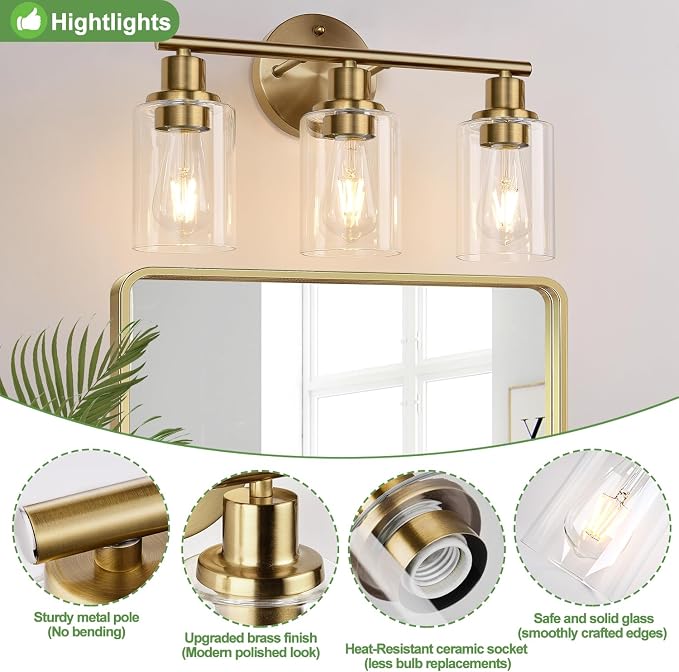Zarbitta 3-Light Bathroom Light Fixtures, Brushed Brass Bathroom Wall Lights - Image 4
