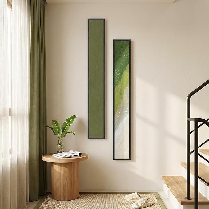 Long Narrow Framed Sage Green Vertical Abstract Wall Art Set, 2 Piece Modern - Image 2