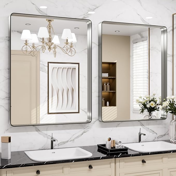 LOAAO 32X36 Inch Brushed Nickel Bathroom Mirror, Rounded Rectangle Silver Metal - Image 4