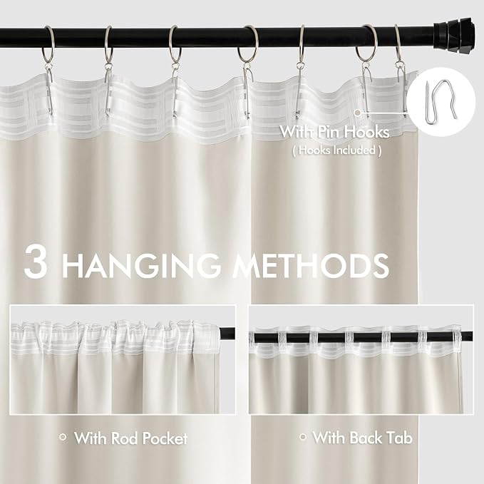 MIULEE Ivory Back Tab Blackout Curtain 96 Inch Long 2 Panels Set - Image 3