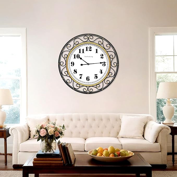 SwallowLiving 30 Inch Vintage Iron Large Black Metal Frame Wall Clock Silent - Image 6