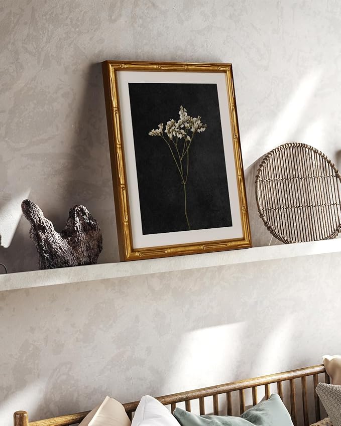 InSimSea Gold Bamboo Framed Canvas Wall Art, Retro Dark Dried Wildflower - Image 4