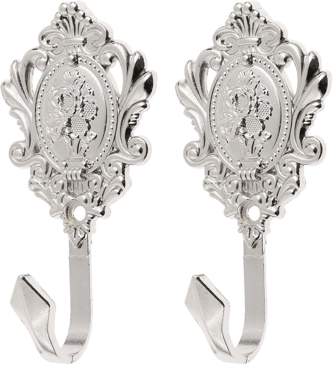 2Pcs Wall Hooks Silver Rose Pattern Carved Vintage Drapery Clothes Key Hook - Image 3