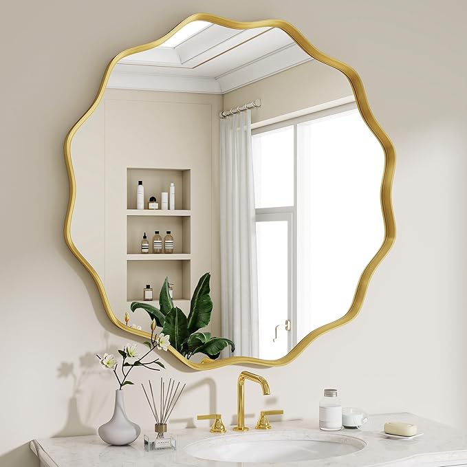 Round Wavy Mirror, 24 Inch Metal Frame Circle Mirror, Round Wall Mounted by Unknown