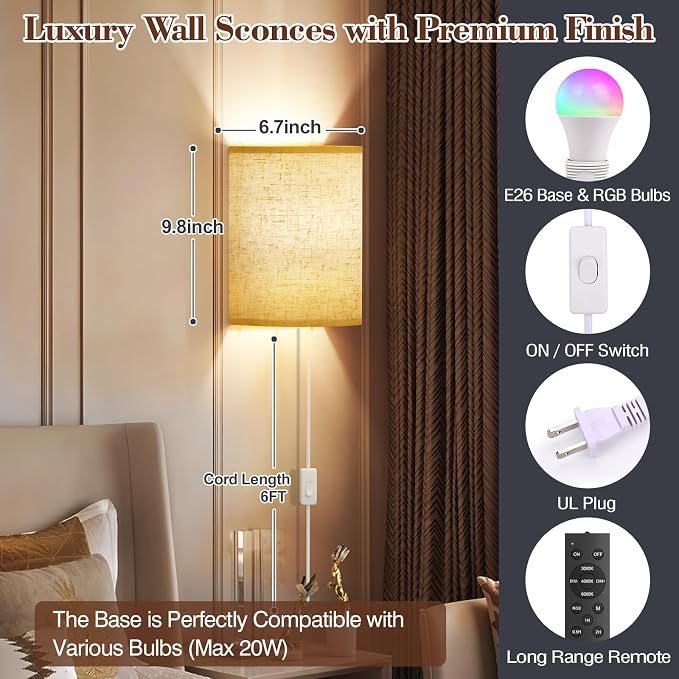 Plug in Wall Sconces Set of Two: Wall Lights - Image 7