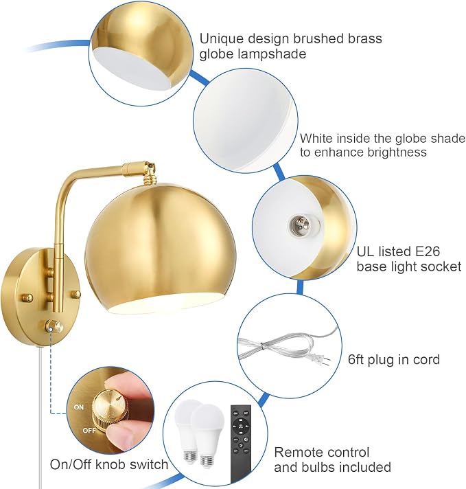VATONI Wall Sconce with Remote Control, Plug in Wall Sconces Dimming 0-100% and - Image 4