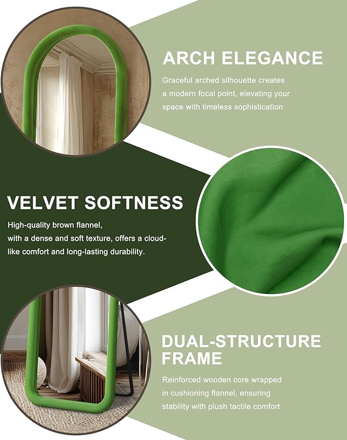 Delma Arched Full Length Mirror, Free Standing Floor Velvet Finish Frame Mirror - Image 4