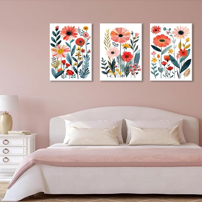 KISSFOX Framed Colorful Wildflower Canvas Wall Art Set Of 3 Flowers Pictures - Image 6