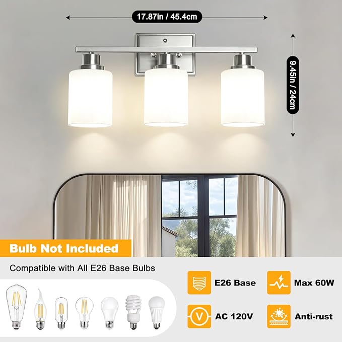 Unicozin 3-Light Bathroom Light Fixtures, Modern Brushed Nickel Vanity Light - Image 3