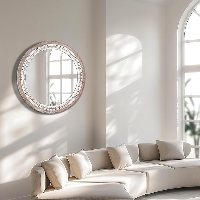 Reflinto 30 Inch Rustic Farmhouse Round Wood Mirror Wall Decor, Boho Circle - Image 4