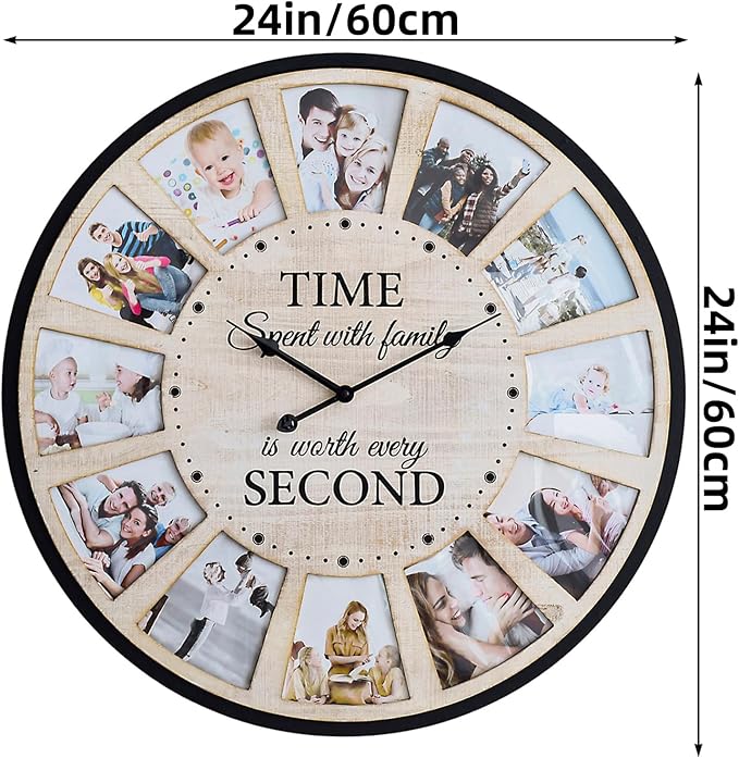 12 Photo Collage Rustic Wood Farmhouse Wall Clock, Large Family Picture Wall - Image 7