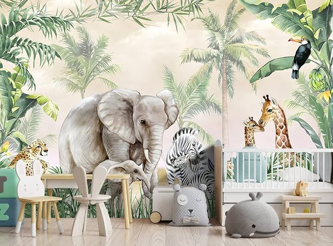 Tropical Animal Plants wallpeper Nursery Kids Bedroom Elephant wall Mural - Image 2