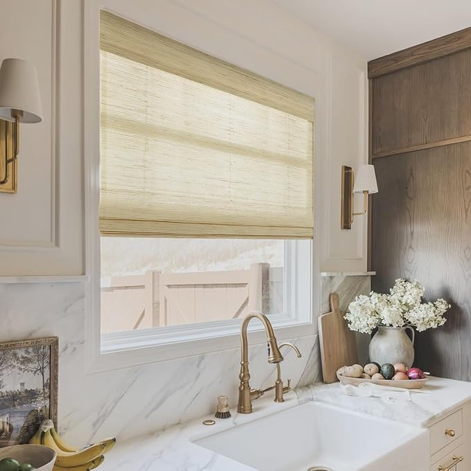 TWOPAGES Natural Woven Ramie Roman Shades, Custom Cordless No Drill or - Image 2