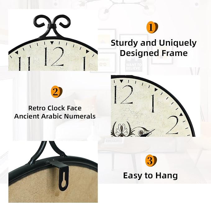Farmhouse Wall Clock, 17H×13.4D Inch, Wrought Iron Frame - Image 3