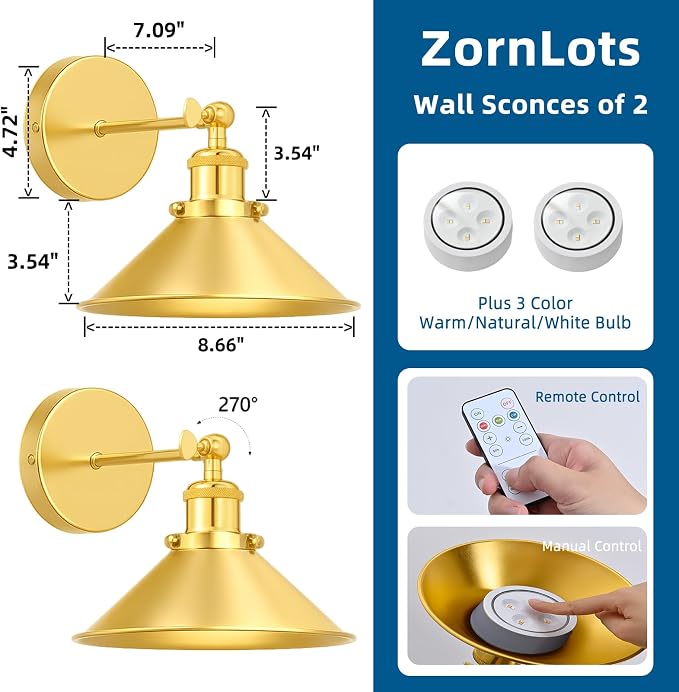 Gold Battery Operated Wall Sconce Set of 2, Vintage Wireless Wall Sconces - Image 5
