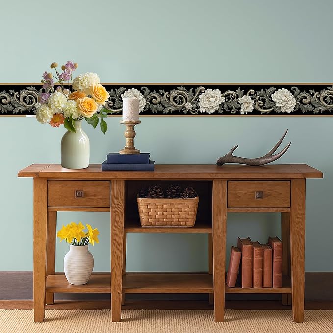 Beige Floral Scroll Wallpaper Border 196x4 Inch Peel and Stick Wall Border - Image 6