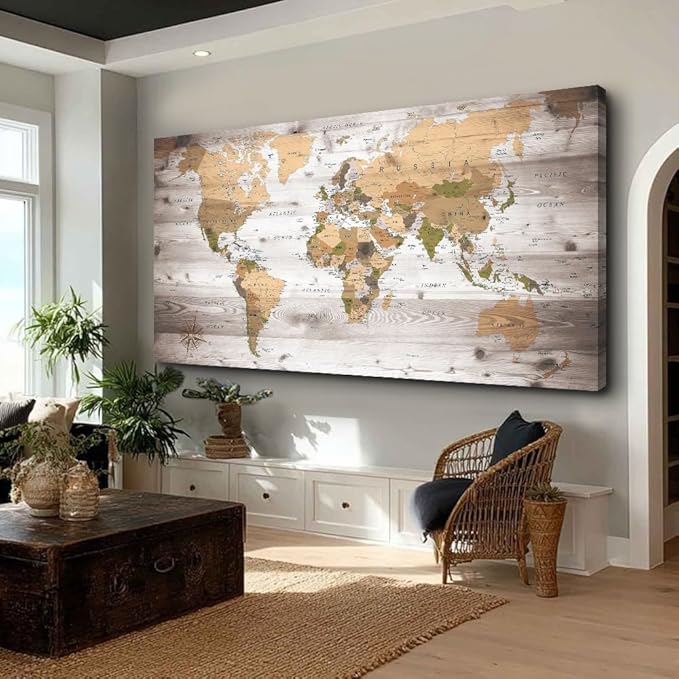 Large Wall Art grey map of The World Painting Ready to Hang 29"x58"Large Framed - Image 5