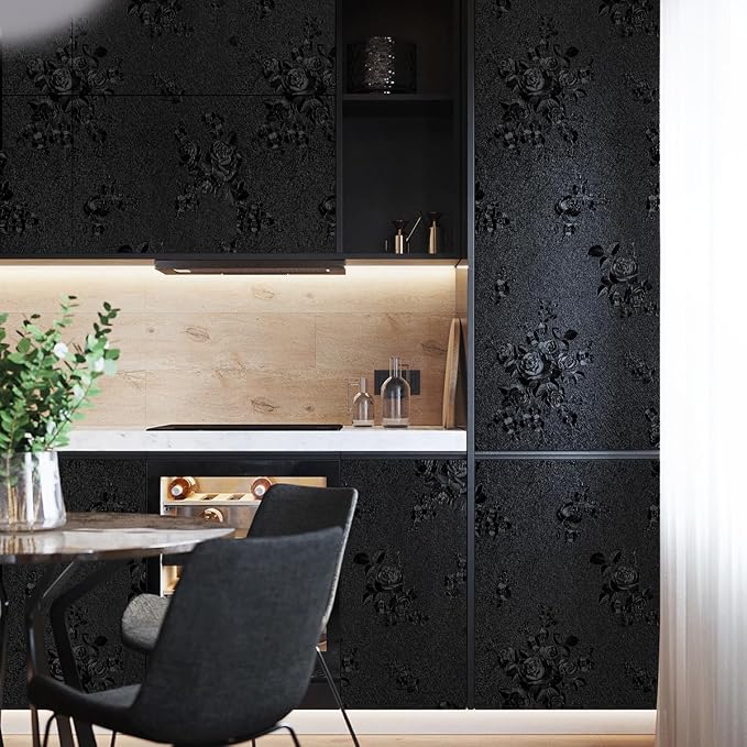 Erfoni Black Peel and Stick Wallpaper Black Floral Embossed Contact Paper - Image 5