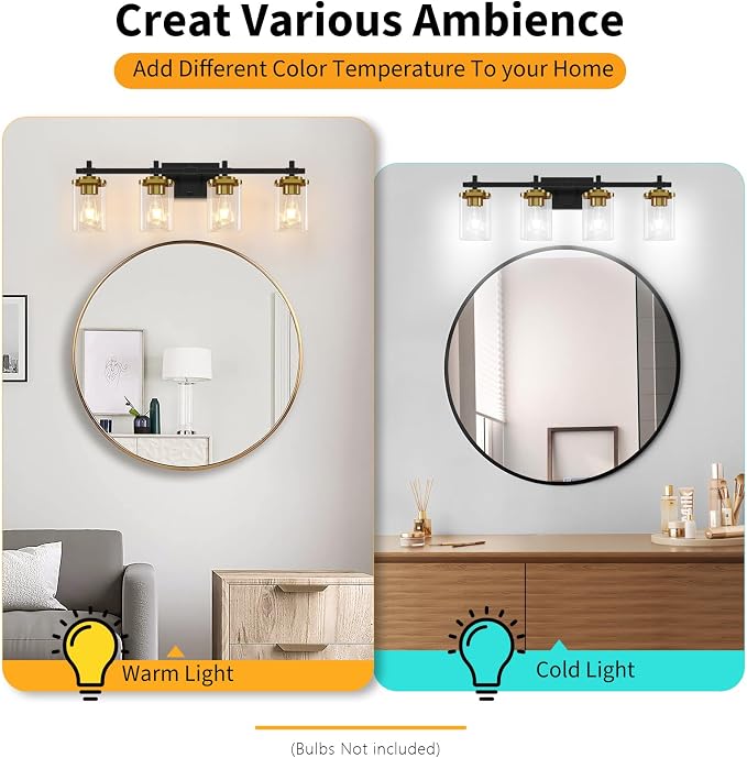 4-Lights Black and Gold Bathroom Vanity Light, Modern Bathroom Wall Sconces - Image 5