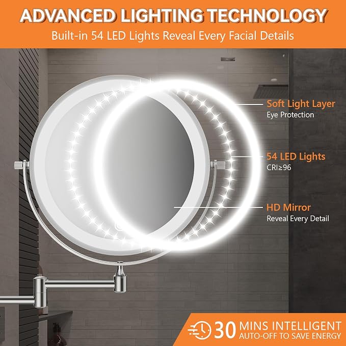 Auxmir 8'' Wall Mounted Lighted Makeup Mirror, 3200mAh Rechargeable - Image 6
