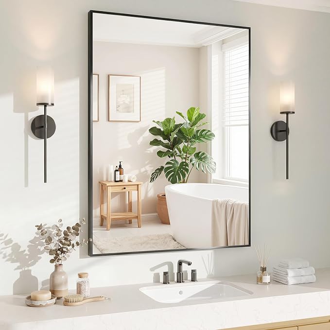 Koonmi Black Rectangle Wall Mirror, 24x32 Inch Bathroom Mirror, Aluminum Frame by KOONMI
