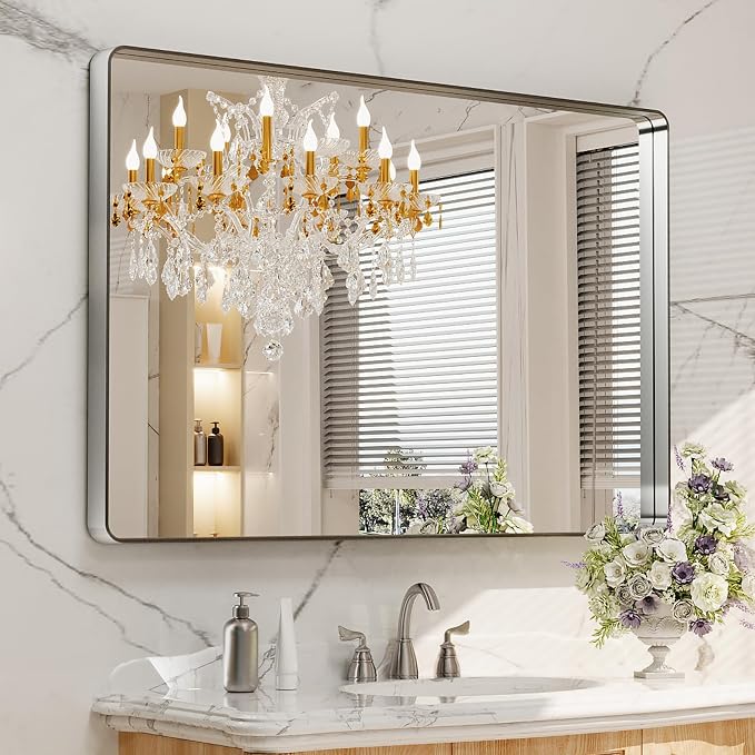 LOAAO 48X32 Inch Brushed Nickel Bathroom Mirror, Rounded Rectangle Silver Metal - Image 8