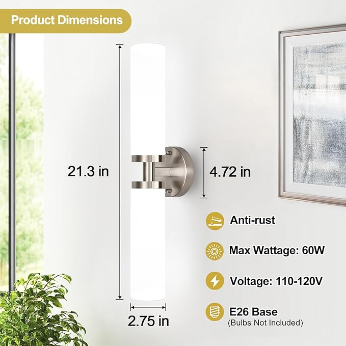 Wall Sconces Set of Two, Brushed Nickel Gold Bathroom Sconces Wall Lighting - Image 4