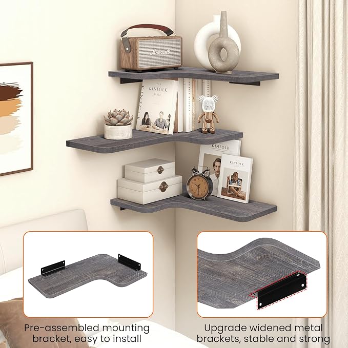 Homode Corner Shelves Wall Mounted, 3 Tier Wooden Hanging Shelves - Image 5