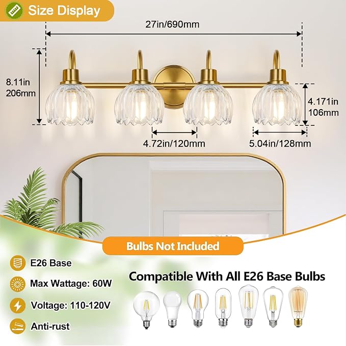 4-Light Bathroom Light Fixtures, Vintage Bathroom Vanity Lighting Fixtures Over - Image 8