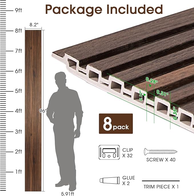 WPC Slat Wall Panels 8 Pack 96" x 8.2", Waterproof Fluted Wall Paneling - Image 5