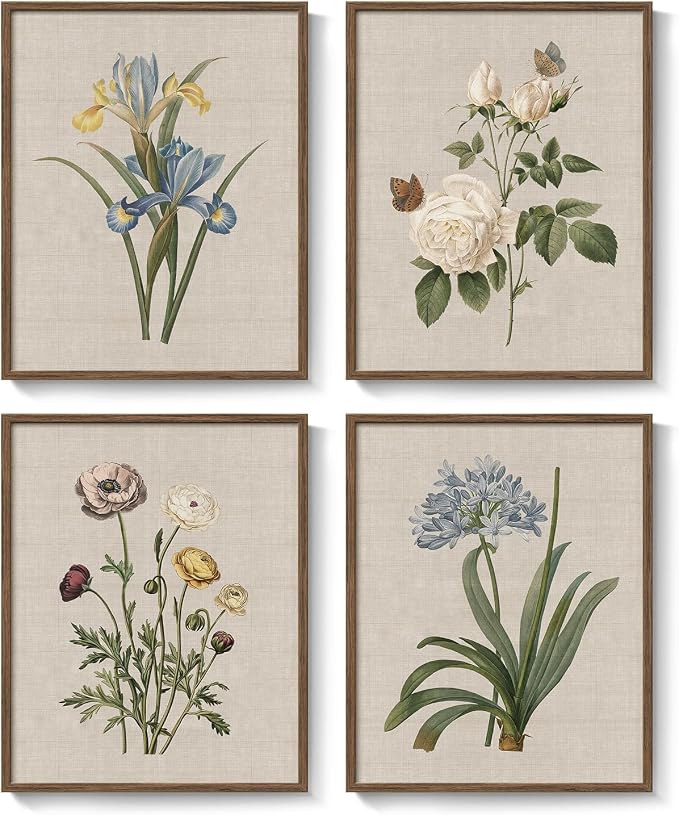Framed Botanical Wall Art for Bathroom, 4 Piece Vintage Floral Canvas Painting - Image 9