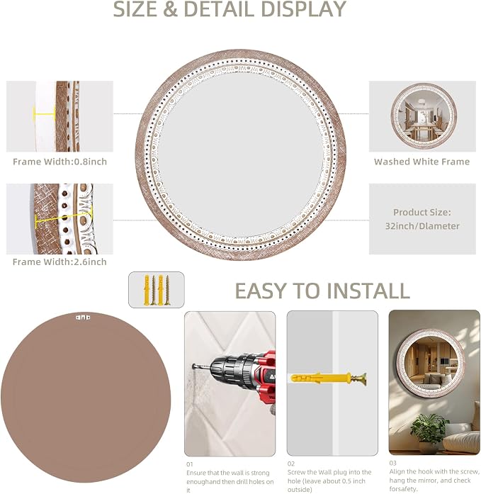 Reflinto 30 Inch Rustic Farmhouse Round Wood Mirror Wall Decor, Boho Circle - Image 2