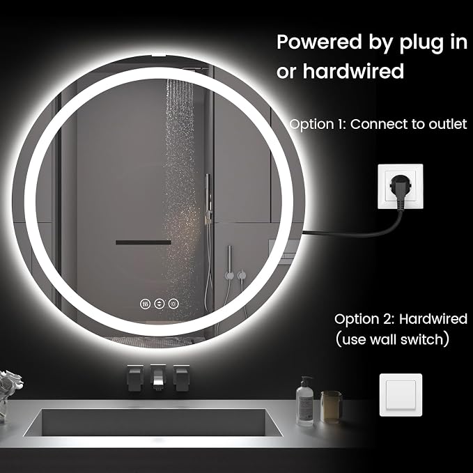 Round LED Bathroom Mirror with Lights, Backlit & Front Lighted, Wall-Mounted - Image 6