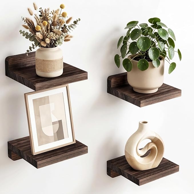 Fixwal Small Shelf for Wall, 5X5 Inches Floating Shelves Set of 4, Rustic Wood by Fixwal