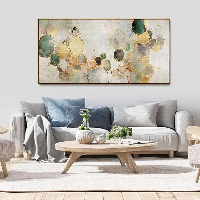 Gold Circle Modern Artwork Framed Abstract Wall Art Green Canvas Decor 24"x48" - Image 7