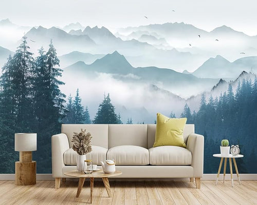-Foggy Forest Pine Scenery Fabric Wallpaper Living Room Bedroom Bathroom - Image 2