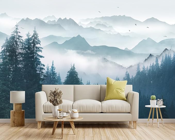 -Foggy Forest Pine Scenery Fabric Wallpaper Living Room Bedroom Bathroom - Image 2