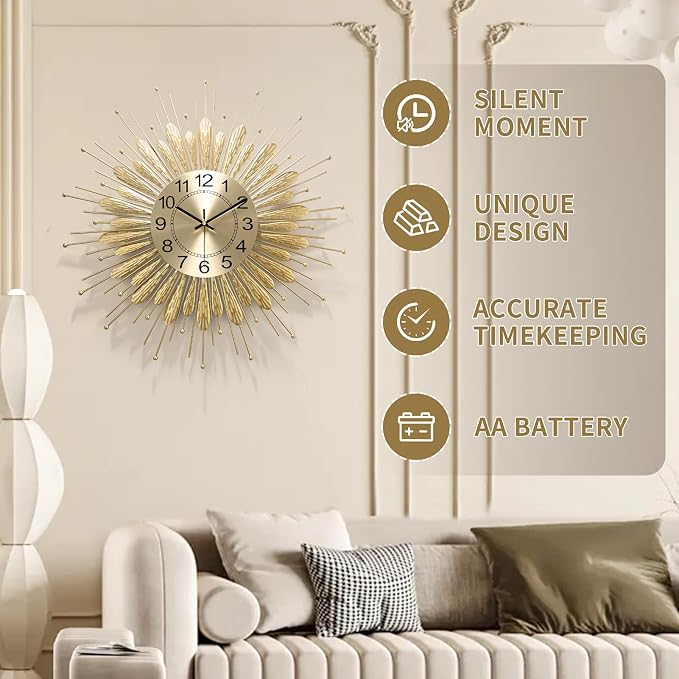 Large Wall Clock, 27inch Gold Wall Clock Non-Ticking Mid Century Wall Clocks - Image 5